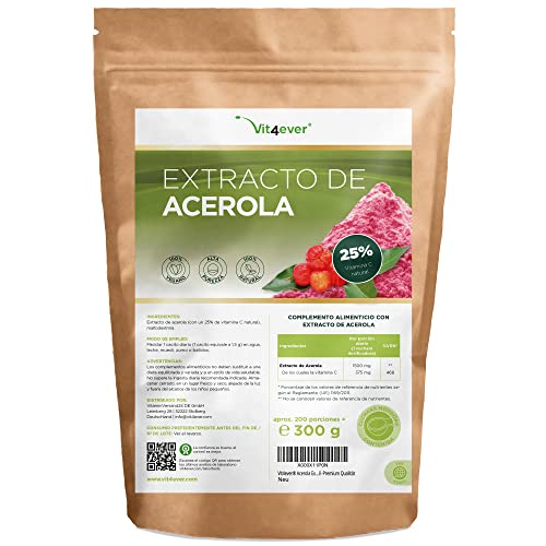 Acerola en polvo - 300 g (suministro para 6,6 meses) - Vitamina C natural - 200 raciones diarias con 1500 mg de extracto puro de cereza acerola - Vegano