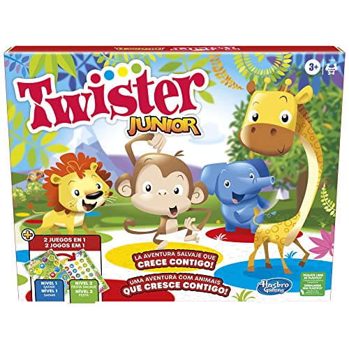 Juego Twister Junior - Aventura con Animales - Tapete de 2 Lados - 2 Juegos en 1 - Juego de Fiestas - Juego de Interiores de 2 a 4 Jugadores