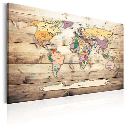murando - Mapamundi con tablero para clavar chinchetas 90x60 cm - Cuadro en Lienzo sintético - 1 parte - Panel de Fibra - Mapa del Mundo Continente - - viajes geografia Vintage k-C-0077-v-a