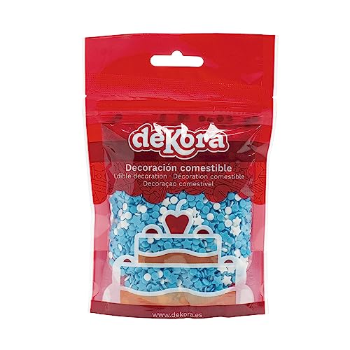 dekora - Confeti Sprinkles Reposteria Comestible - Estrellitas y Círculos de Azúcar Azules y Blancos Adornos Comestibles para Tartas y Cupcakes - 100 g