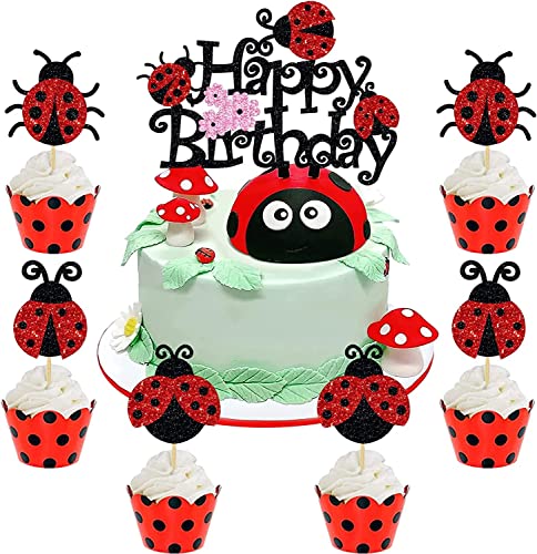 25 Piezas Decoracion Tartas Cumpleaños Mariquita Happy Birthday Cake Topper Mariquita Cupcake Toppers Decoration Topper Tarta Cumpleaños para Niños Infantil Baby Shower Fiesta