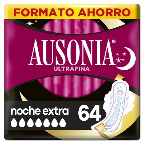 Ausonia Ultrafina Compresas con Alas Noche, Extra, 64 Unidades, Hasta 12 Horas de Protección