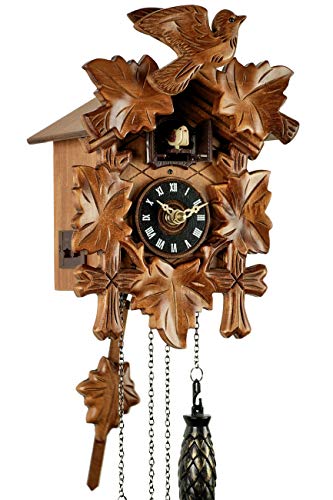 Reloj de cuco de madera auténtica, mecanismo de cuarzo con pilas, música de cuco, cinco hojas de 22 cm