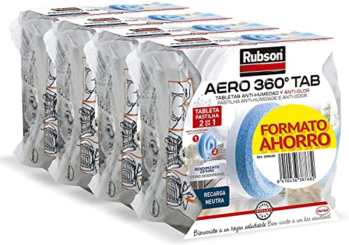 Rubson AERO 360° Tabletas de recambio de olor neutro, absorbe humedad y neutraliza malos olores, recambios Rubson para deshumidificador AERO 360º (4 x 450 g)
