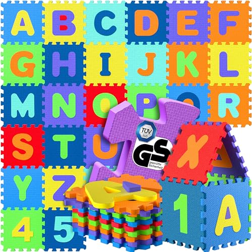Spielwerk Alfombra Juego Puzzle Infantil XXL 3,3m² 86 Piezas Letras Números Rompecabezas de Goma Eva