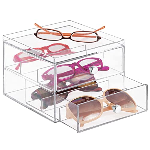 mDesign Organizador de gafas de sol y de leer con 2 cajones – Cajonera de plástico para guardar gafas – Guarda gafas ideal como joyero u organizador de maquillaje – transparente