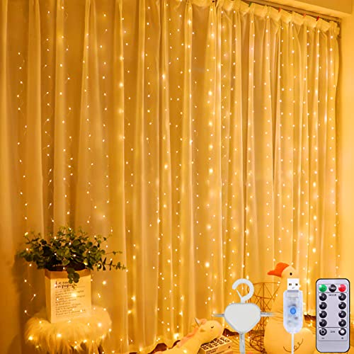 POWZOO Cortina de Luces, 3×3m 300 Luces de Cadena de Cortina,8 Modos con Control Remoto,IP44 Impermeable,para Navidad,Decoracion Exteriores Interiores,Dormitorio,Bodas,Fiestas(Blanco Cálido)