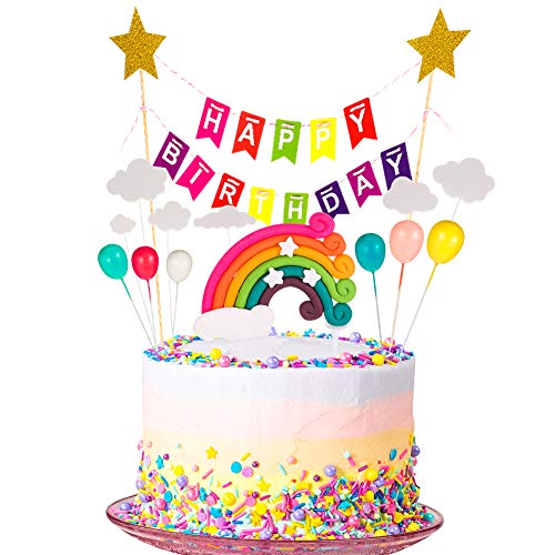 upain Decoración para Tartas Arco Iris, Decoración de Pasteles, Cupcake Toppers con Cloud Rainbow Star, Globos de Colores Tarjeta de Feliz Cumpleaños Kit, para Infantiles Niños Niñas Tartas Cumpleaños