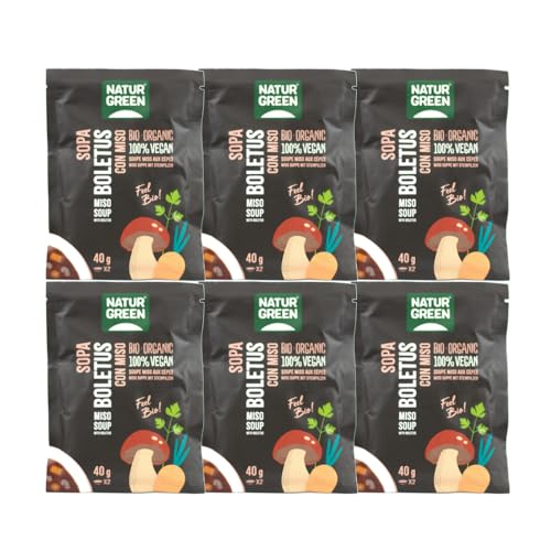 NATURGREEN - Sopa de Boletus con Miso BIO, Sopa Instantánea, 100% Vegano, Sin Lactosa, Fácil de Preparar - Pack 6 unidades de 40 g