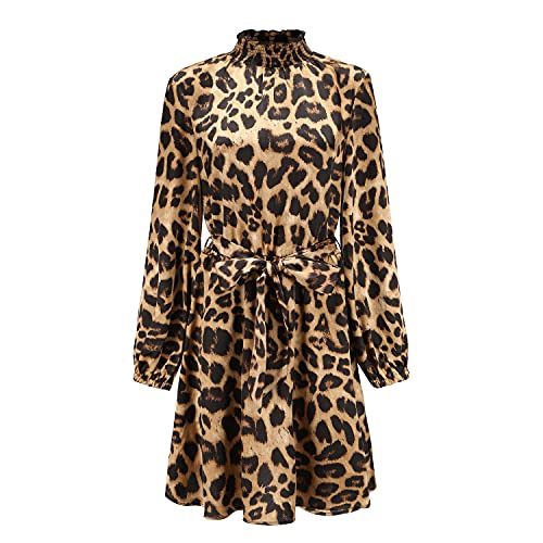 MONYCERMAR Vestido vintage de manga larga con estampado de leopardo de cintura alta para mujer, caqui, 50 Petite