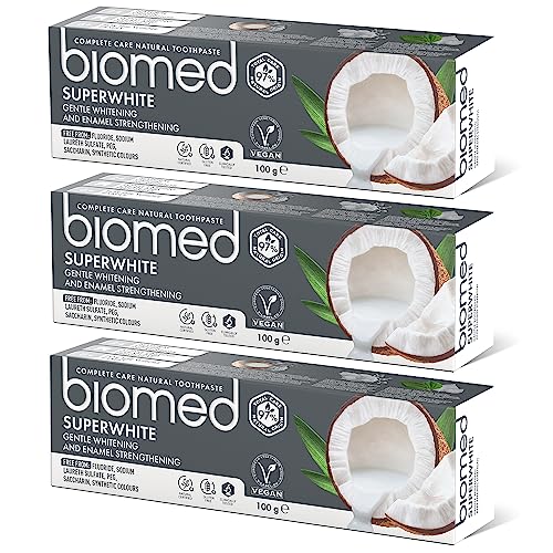 Pasta de dientes blanqueadora 97% natural Biomed Superwhite | Fortalecedora de esmalte | Sabor a coco, apto para veganos, sin SLES 3x100 g (Pack de 3)