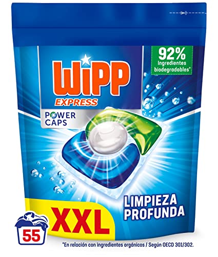Wipp Express Power Caps Detergente en Cápsulas para Lavadora, 55 Dosis, Limpieza Profunda, Eficaz en Agua Fría