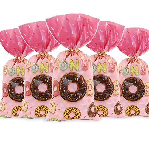 Bolsas de celofán Donuts, 100 bolsas transparentes de dona dulce, bolsa de plástico rosa, bolsa de celofán para dulces con 100 lazos dorados para galletas, donas, suministros de fiesta de cumpleaños