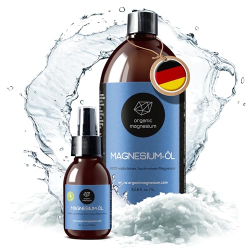 Spray de aceite de Magnesio ultra puro de Organic Magnesium, aceite de Zechstein puro 100% natural, perfecto para deportes y masajes, botellas de 1000 ml + 100 ml