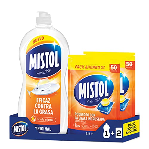 Mistol Pack Combo Ahorro - Mistol Original 900 ml + 100 Pastillas Lavavajillas. Limpia, desengrasa, desincrusta y abrillanta, dejando tu vajilla como nueva.