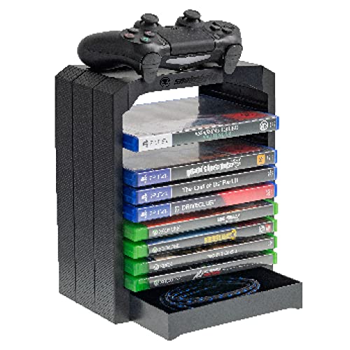 snakebyte PS4 GAMES TOWER 4 - negro -Solución de almacenamiento para 10 juegos/Blu-Rays, bandeja para mandos, compartimento extra para accesorios, comp. con PlayStation 5, PS4, Xbox Series X, Xbox One