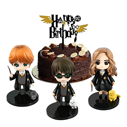 Harry Potter Decoracion Tarta, Wizard Topper Tarta Cumpleaños Incluír 3 Pieza Harry Potter Figuras,1 Pieza 'Happy Brithday' Decoración Tarta para Infantil Niña y Niño