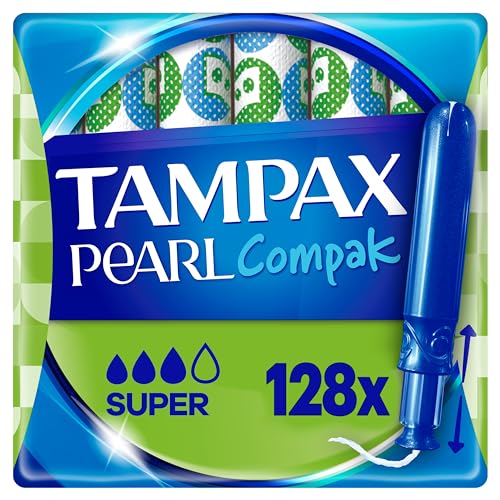 Tampax Compak Pearl Super, 128 Unidades, Tampones con Aplicador, Comodidad, Protección y Discreción