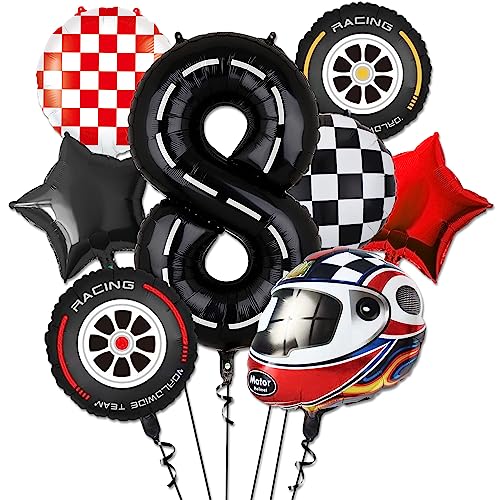 Globos de coche de carreras – Globos de 8º cumpleaños número 8, globos de estrella, decoraciones de 8º cumpleaños para niños, suministros de fiesta de cumpleaños de coche de carreras