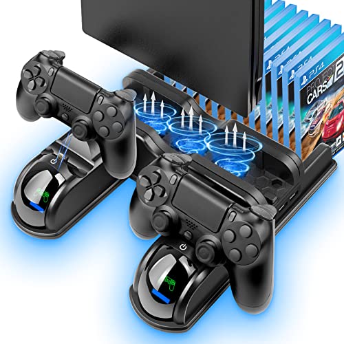 Labtec Soporte PS4 con ventilador de refrigeración PS4 y estación de carga de controlador dual para Playstation 4/PS4 Slim/PS4 Pro con 12 ranuras para juegos, accesorios PS4