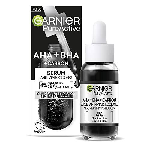 Garnier PureActive Sérum Facial Anti-Imperfecciones AHA+BHA con Carbón, 30ml