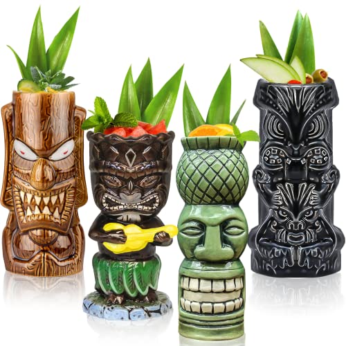 Tiki Mugs Juego de 4 tazas de cerámica tiki para cócteles, copas tropicales grandes, para fiesta hawaiana, bebidas bar vasos exóticos lindos, paquete de regalo