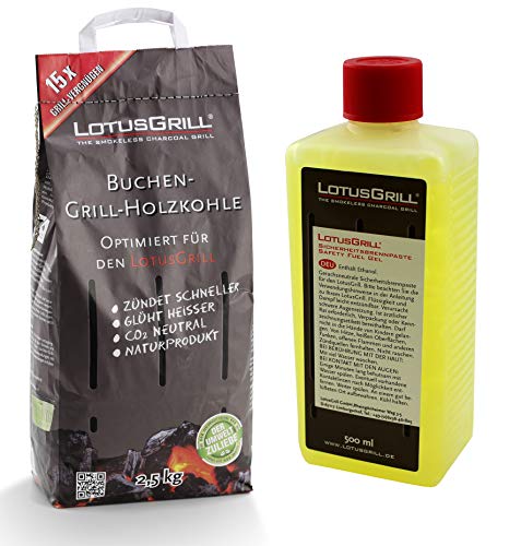 LotusGrill Carbón de haya de 2,5 kg, incluye pasta de combustible LotusGrill de 500 ml, ambos diseñados para asar con poco humo con la parrilla LotusGrill