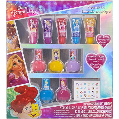Disney Princes Townley Girl Sparkle Cosmetics Set de Maquillaje para niñas con Brillo de Labios Esmalte de uñas Pegatinas de uñas - 11 Piezas para niñas Mayores de 3 años