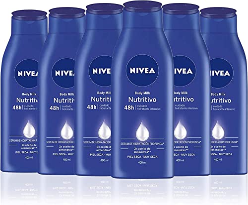 NIVEA Body Milk Nutritivo en pack de 6 (6 x 400 ml), leche corporal para una hidratación profunda durante 48 h, crema hidratante corporal con aceite de almendras