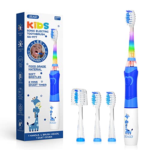 Seago Cepillo electrico infantil, Cepillo de dientes infantil con luz de colores, 4 cabezal de recambio extra suaves, Temporizador de 2 minutos, Apto para niños mayores de 3 años SG977(Azul)