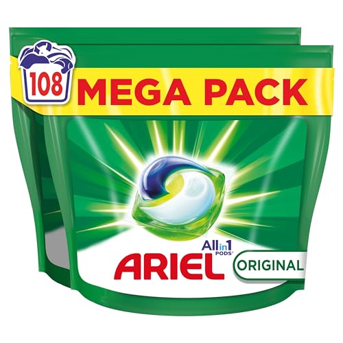 Ariel All-in-One Detergente Lavadora Liquido en Capsulas/Pastillas, 108 Lavados (2x54), Original, Jabon 5 Acciones para una Limpieza Brillante en Frio