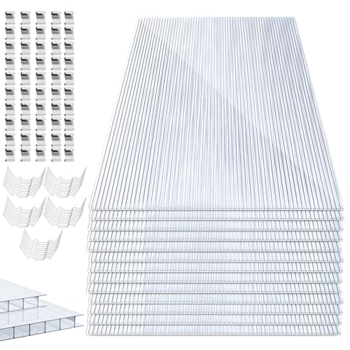 Herrselsam 14 placas de policarbonato alveolar de 60,5 x 121 cm, doble puente de 10,25 m², placas de policarbonato de 4 mm con 50 grapas, 50 clips en Z, placa de invernadero resistente a los rayos UV