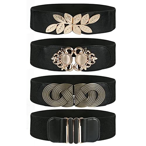 Pomeloone Negro Cinturones de Mujer, 4 Piezas Vintage Cinturones Cintura Elástico, Cinturón Delgado de Mujer para Camisa, Vestidos, Pantalones, para Cintura de 95-115cm