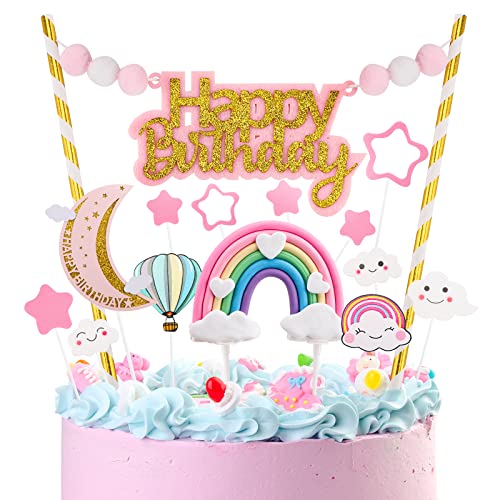 Decoración para tarta de cumpleaños, decoraciones para tartas de arcoíris, banderas para tartas con forma de globo de arcoíris para niñas, niños, cumpleaños, bodas, baby shower, fiesta Pink