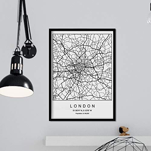 Nacnic Lámina Mapa de la Ciudad London Estilo nordico en Blanco y Negro. Poster tamaño A3 Sin Marco Impreso Papel 250 gr. Cuadros, láminas y Posters para Salon y Dormitorio