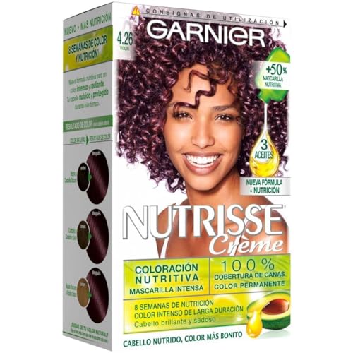 NUTRISSE Garnier Creme Coloración Nutritiva Permanente, Tinte 100% Cobertura de Canas con Mascarilla Nutritiva de 4 Aceites - Tono 4.26 Violín