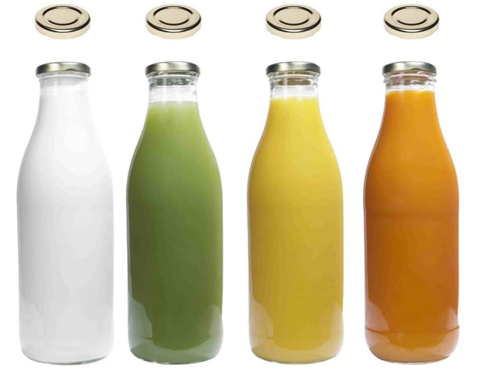 4 botellas de cristal de 1000 ml para zumo de leche con 8 tapas, color dorado, incluye etiquetas