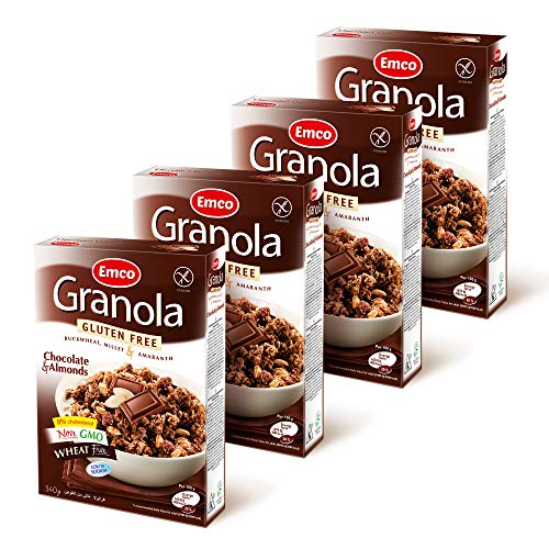 Emco Granola Chocolate y Almendras - Sin Gluten, Apto para Celíacos, Sin Trigo, Vegano - Paquete de 4 Cajas x 340 g