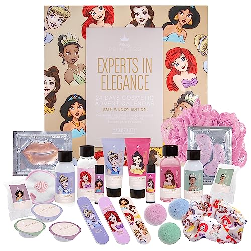 MAD Beauty - Calendario de Adviento Princesas Disney con 24 Productos de Maquillaje y Cosmética, con Mascarilla Facial, Loción Corporal, Banda elástica para el cabello