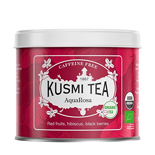 Kusmi Tea - Infusión Bio AquaRosa - Mezcla Aromatizada de Hibisco, Bayas Negras, Frutas y Plantas - Infusión sin Teína, Afrutada y Deliciosa - Lata de té de metal 100g
