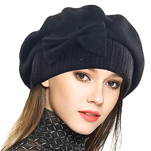 VECRY Mujer Boina 100% Lana Vestido Beanie Invierno Sombrero (Negro)