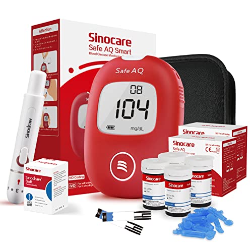 Sinocare Medidor de Glucosa en Sangre, Kit de Prueba de Glucosa en Sangre, 100 x Tiras de Prueba Glucosa en Sangre y Dispositivo de Punción - mg/dL (Solo Safe AQ Smart)