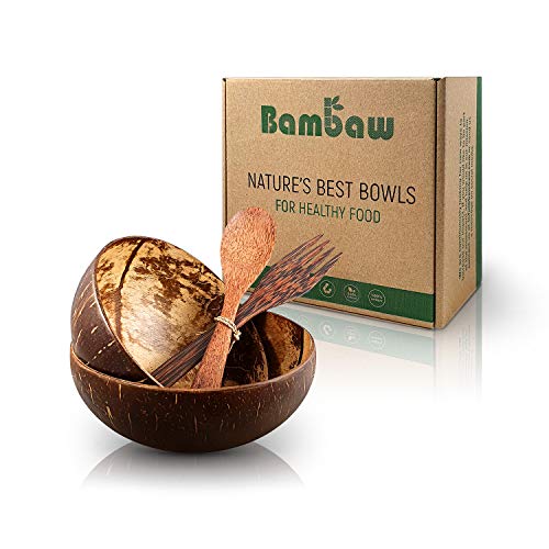 Bambaw Tazones de coco y cubiertos de madera | Dos cuencos de madera de coco sobreciclados | Poke Bowl | Buddha Bowl | Tazones de coco | Cuenco de coco | Cuenco vegano | Cuenco de coco natural| Coco