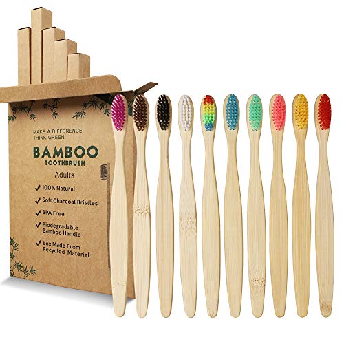 GeekerChip - Cepillo de dientes de bambú, 10 colores, cepillo de dientes de bambú, cerdas suaves naturales, ecológicas y 100% biodegradables