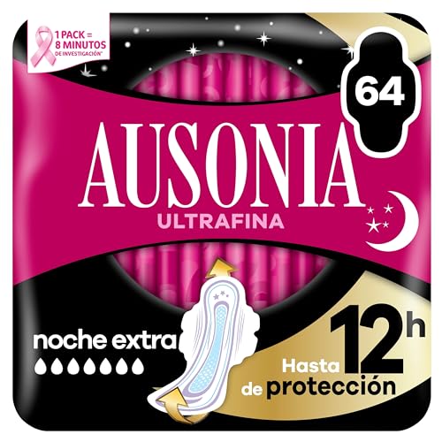 Ausonia Ultrafina Compresas con Alas Noche, Extra, 64 Unidades, Hasta 12 Horas de Protección