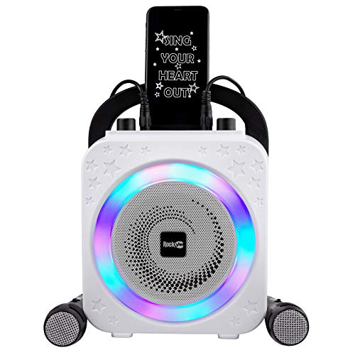 RockJam Máquina de karaoke Bluetooth recargable de 8 vatios con dos micrófonos, efectos de cambio de voz y luces LED, negra