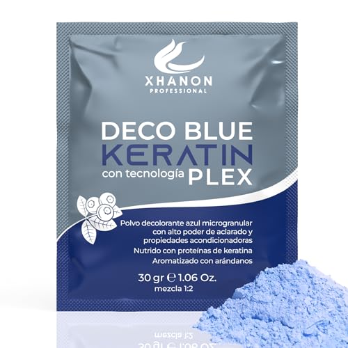 Xhanon - Polvos decolorantes de Cabello - 8 tonos de Aclarado - Decolorante pelo Profesional - Aroma Arándanos - Decoloracion Azul con Tecnología PLEX y Keratina (Sachet)