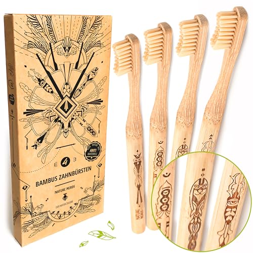 Nature Nerds - Juego de cepillos de dientes de bambú (4 piezas) / grado de dureza: medio