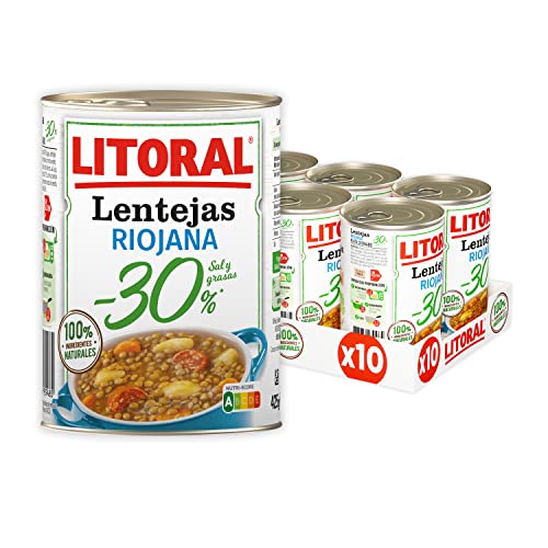 Litoral Lentejas Riojana -30% Sal y Grasa - Plato Preparado Sin Gluten - Pack de 10x425g - Total: 4.25kg