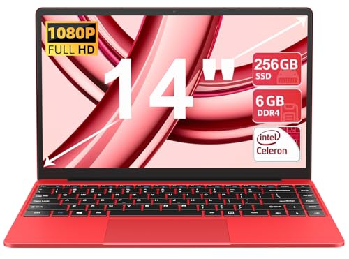 Ordenador Portatil Intel N4020 Up to 2.8Ghz, Ordenadores Portatiles 14' Win 11 con 5G WiFi 6+256GB SSD Expansión 1TB, BT 4.2 1920*1080 FHD Mini HDMI Portatiles Buenos & Español Protector Teclado-Rojo